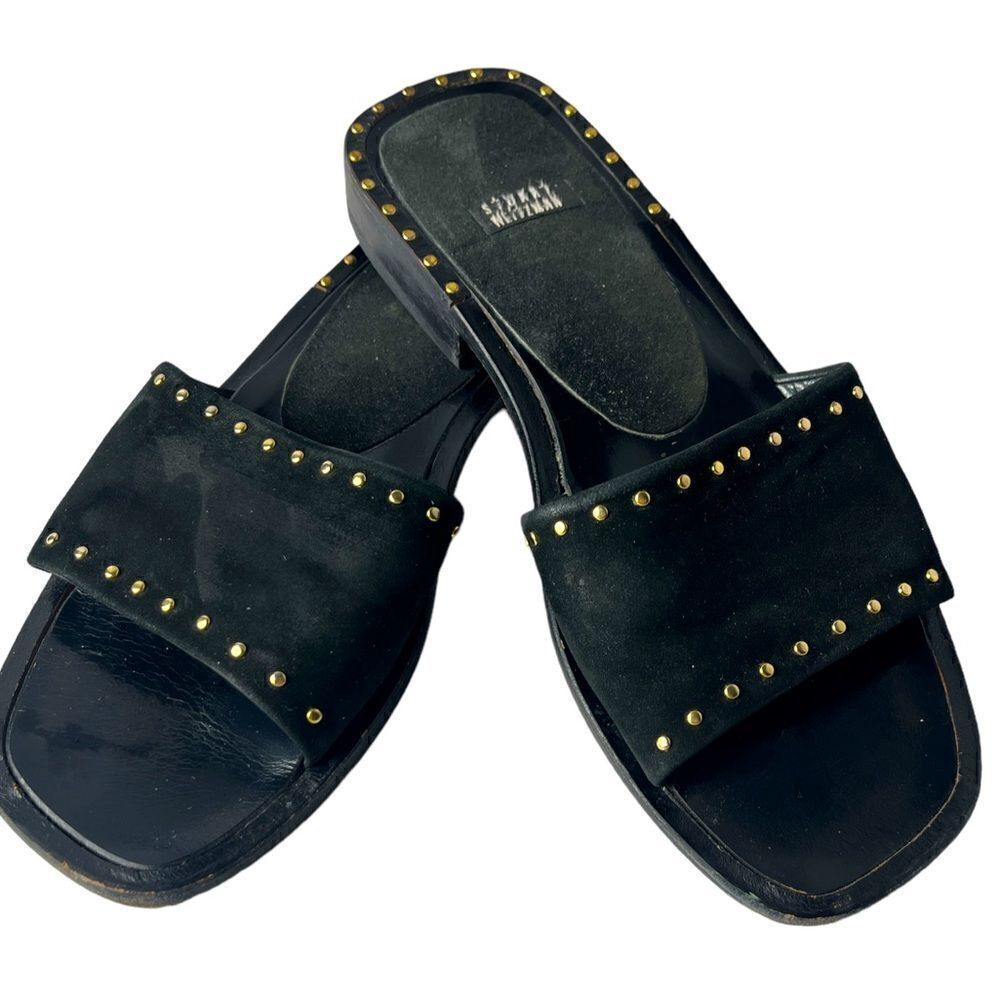 Stuart Weitzman Gorgeous Black Suede Slides Embellished in Gold Grommets Sz 5